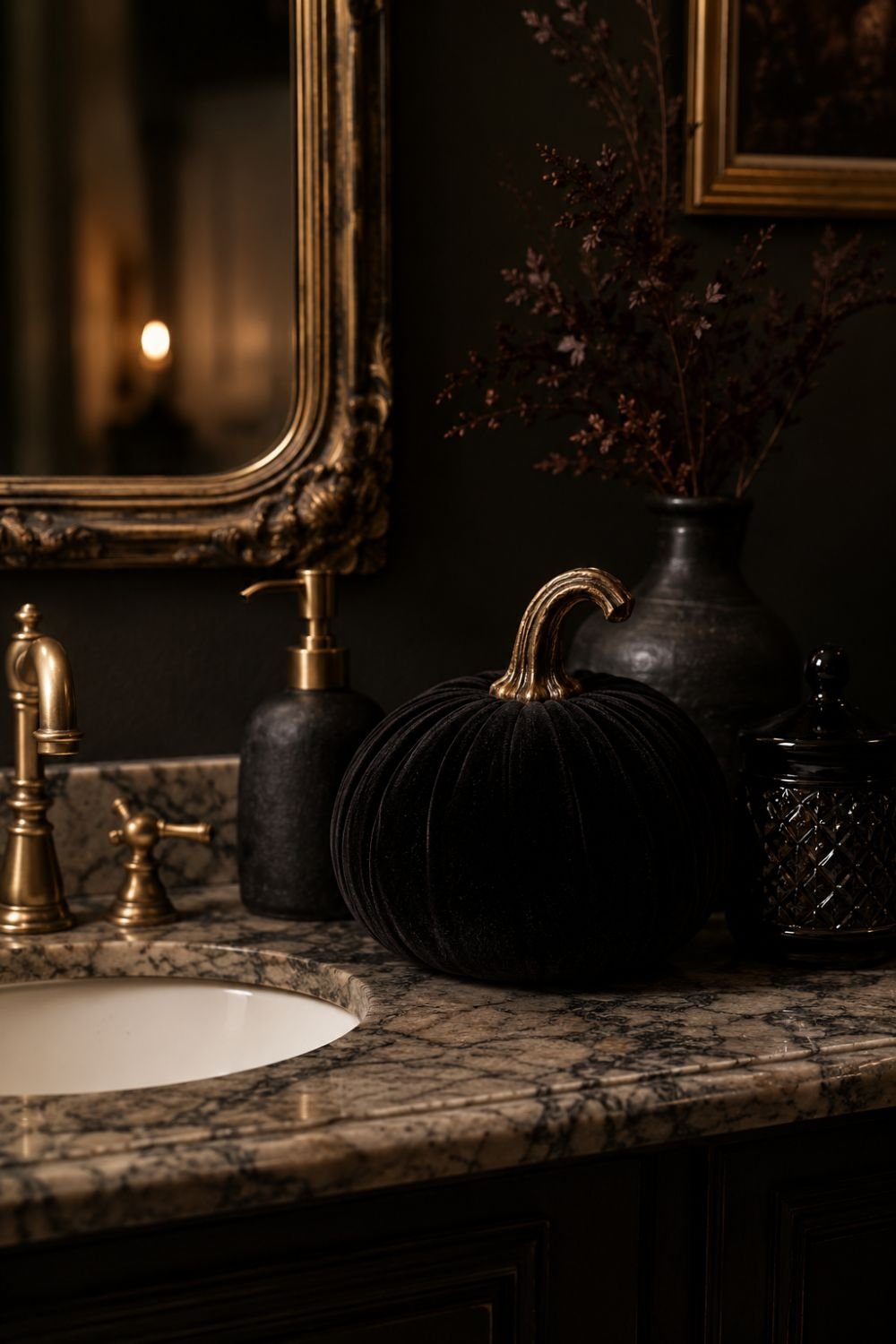 velvet pumpkin halloween powder room idea