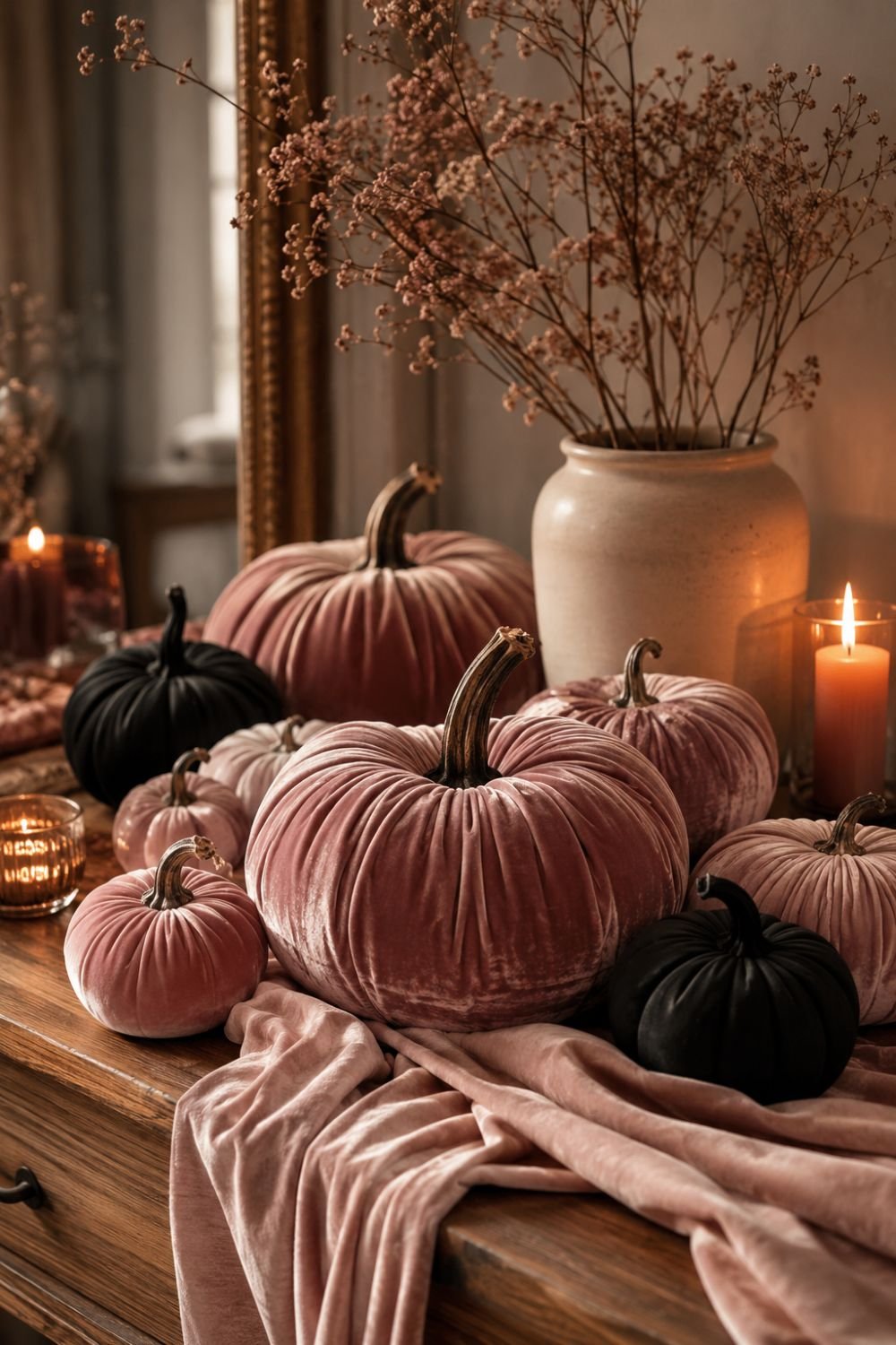 velvet pumpkins pastel pink halloween decor idea
