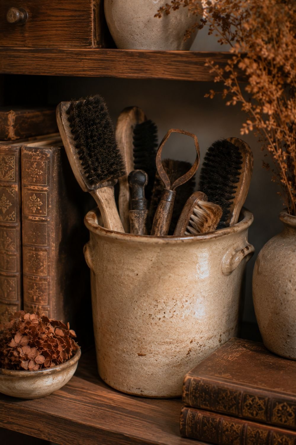 vintage brushes fall shelf styling idea