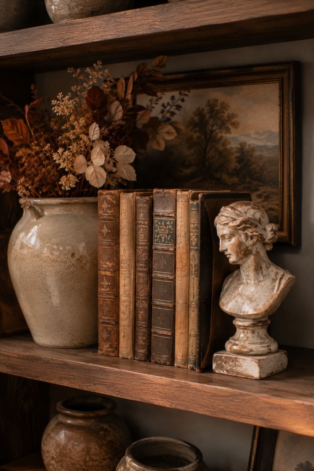 vintage figurine bookend fall shelf styling idea