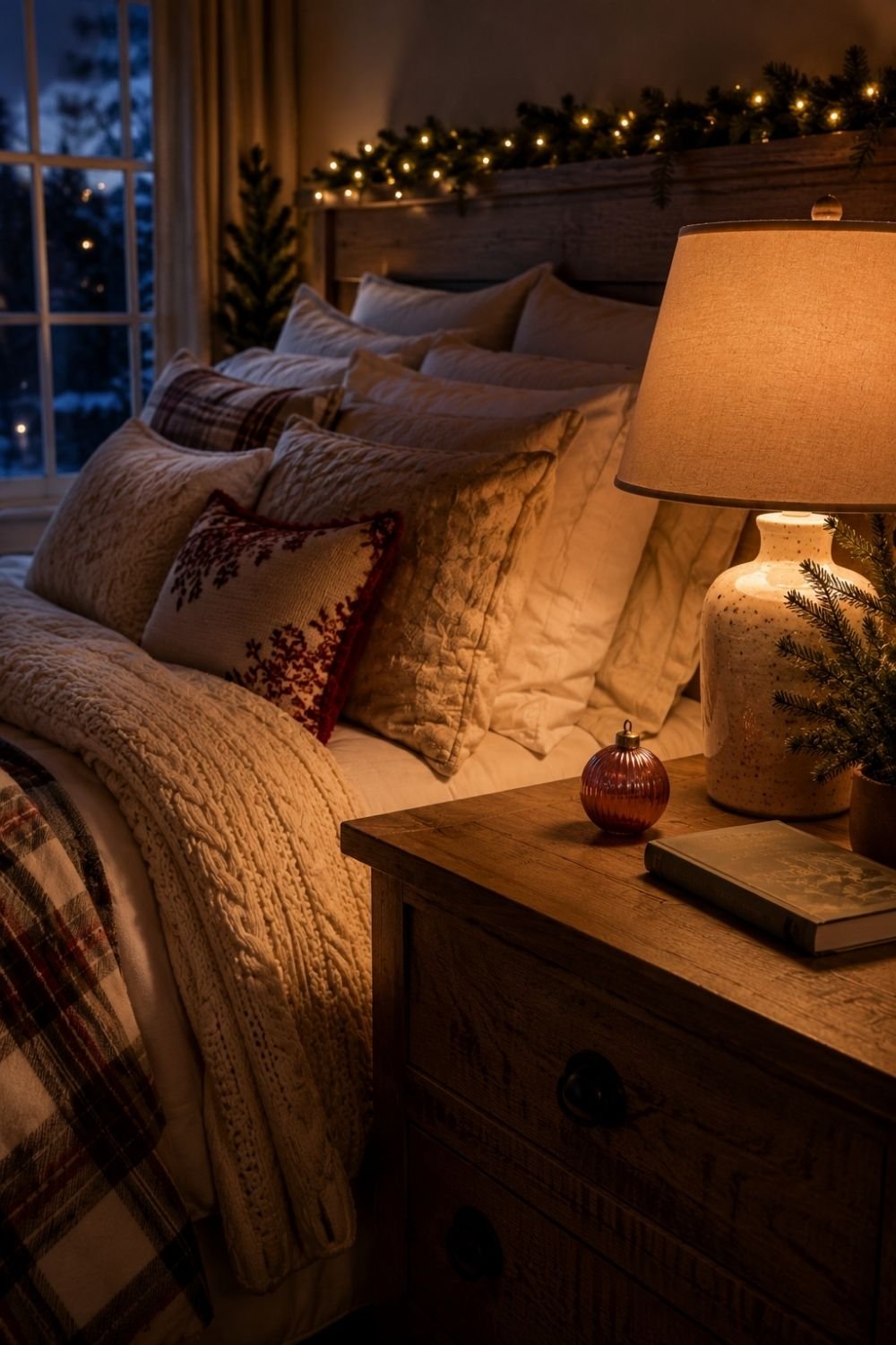 warm lighting christmas bedroom decor idea