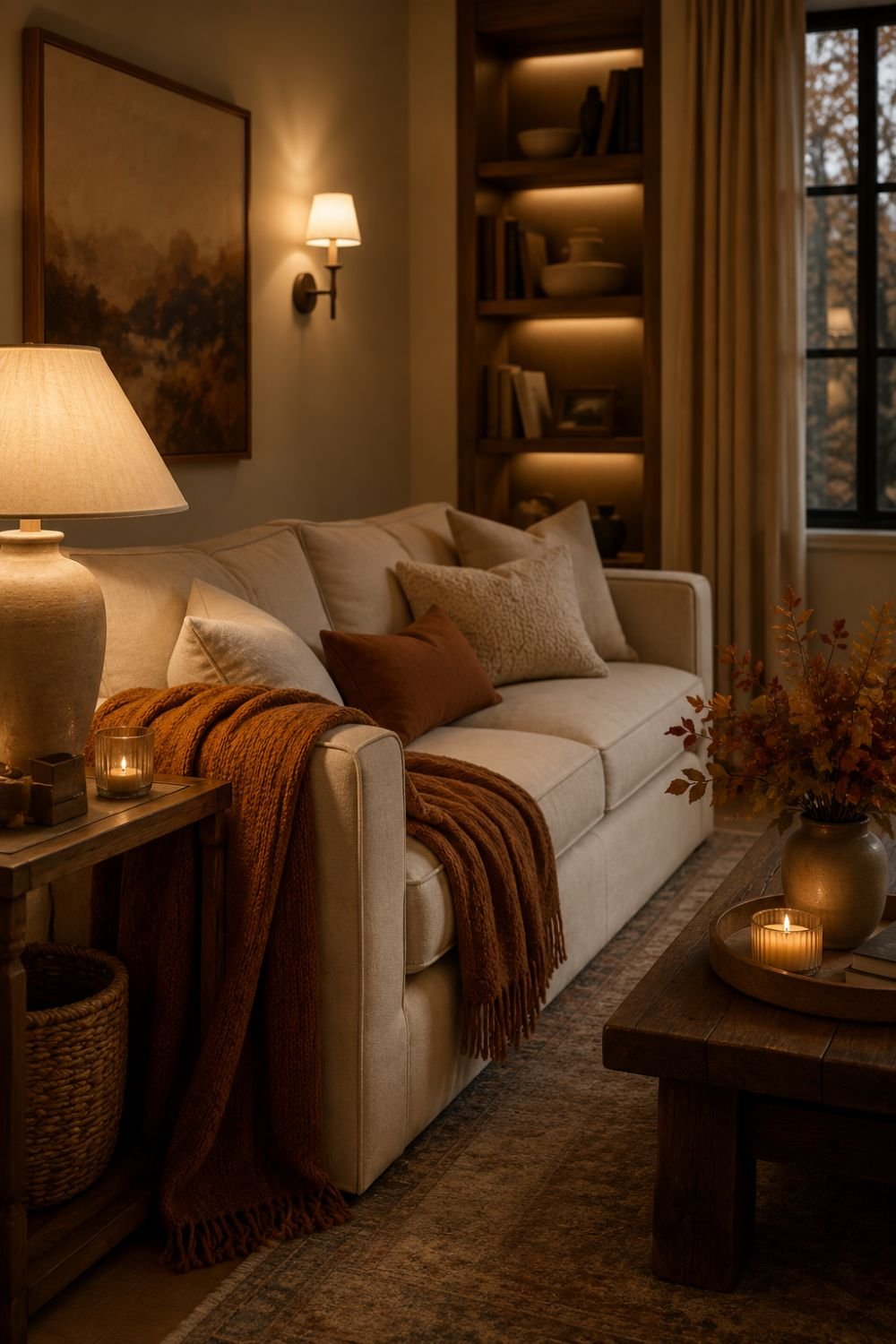 warm lighting fall decor idea without pumpkins