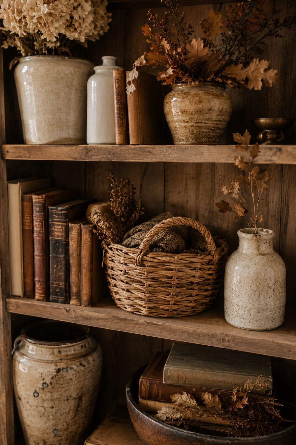 wicker basket fall shelf styling idea