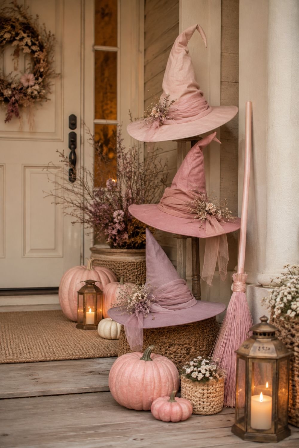witch hats pastel pink halloween decor idea