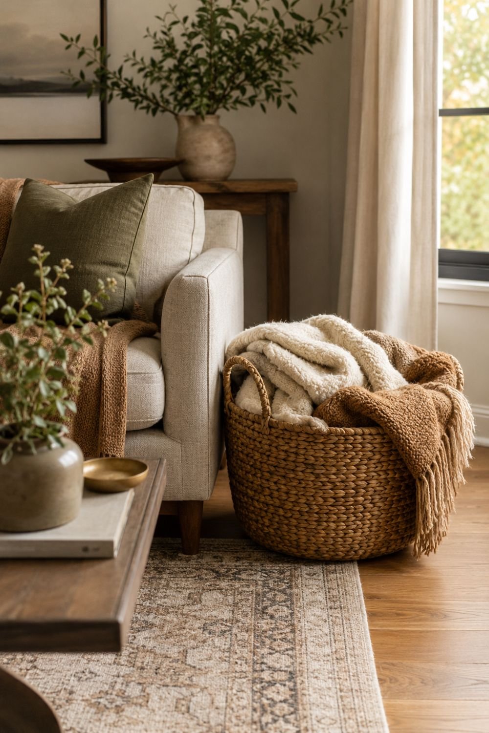 woven basket fall decor idea without pumpkins