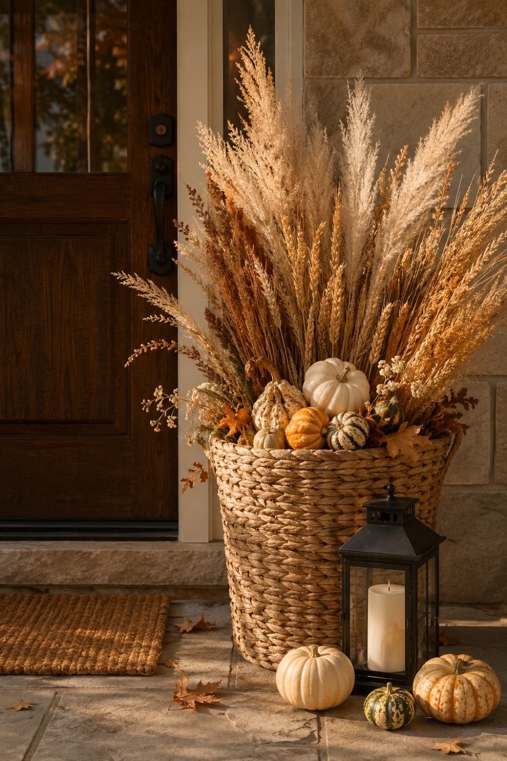 woven basket fall porch decor idea