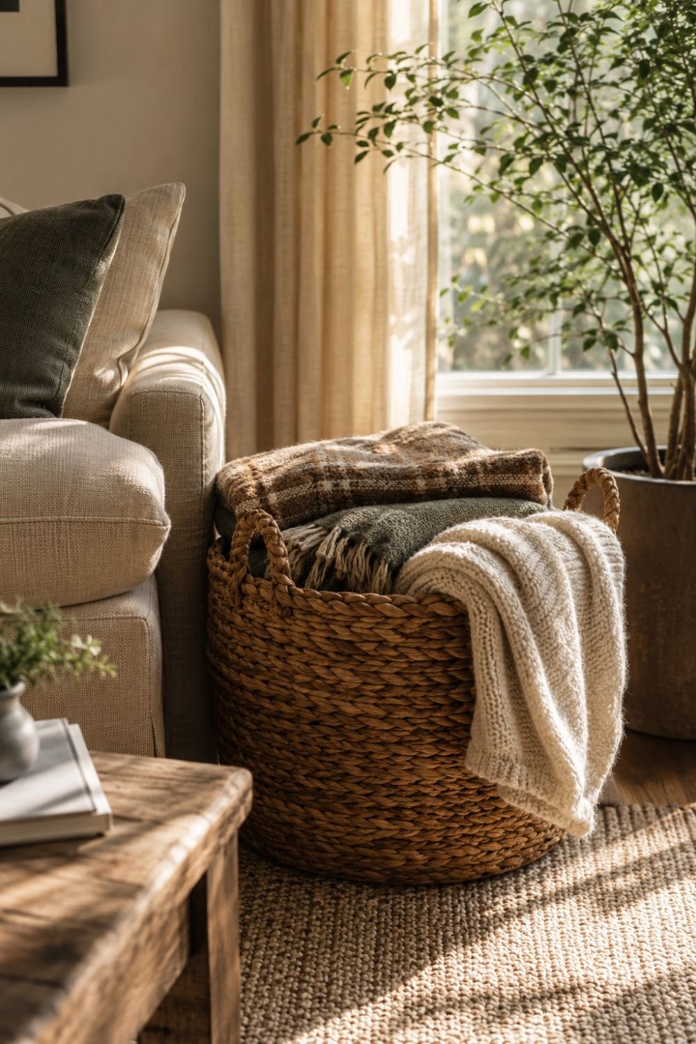 woven basket layered comfort decor idea