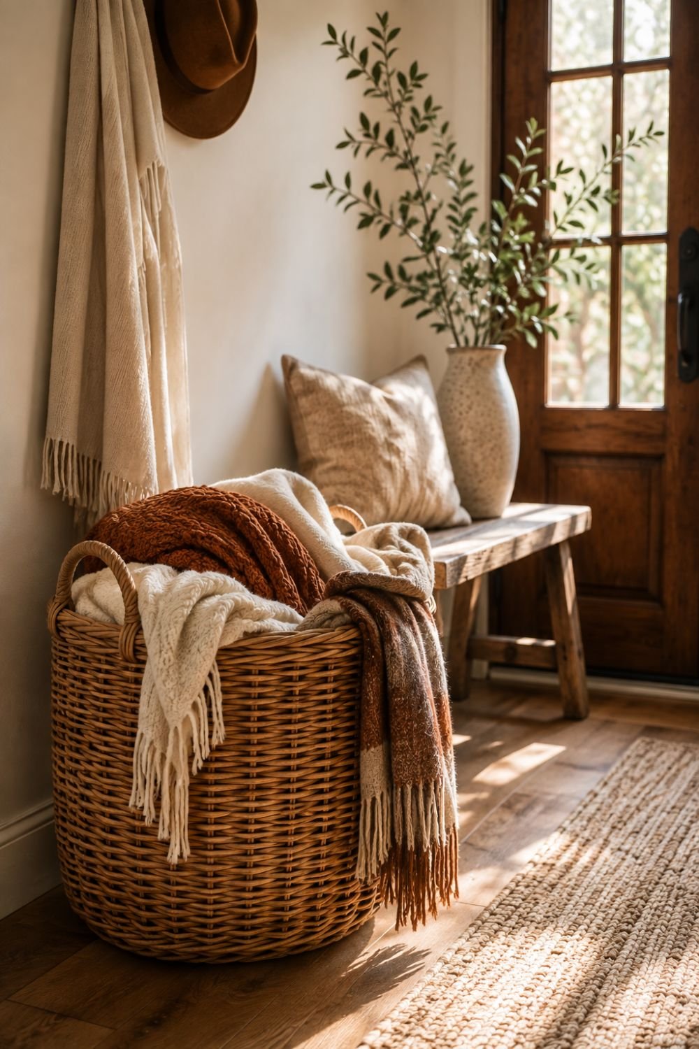 woven basket no-pumpkin fall entryway idea