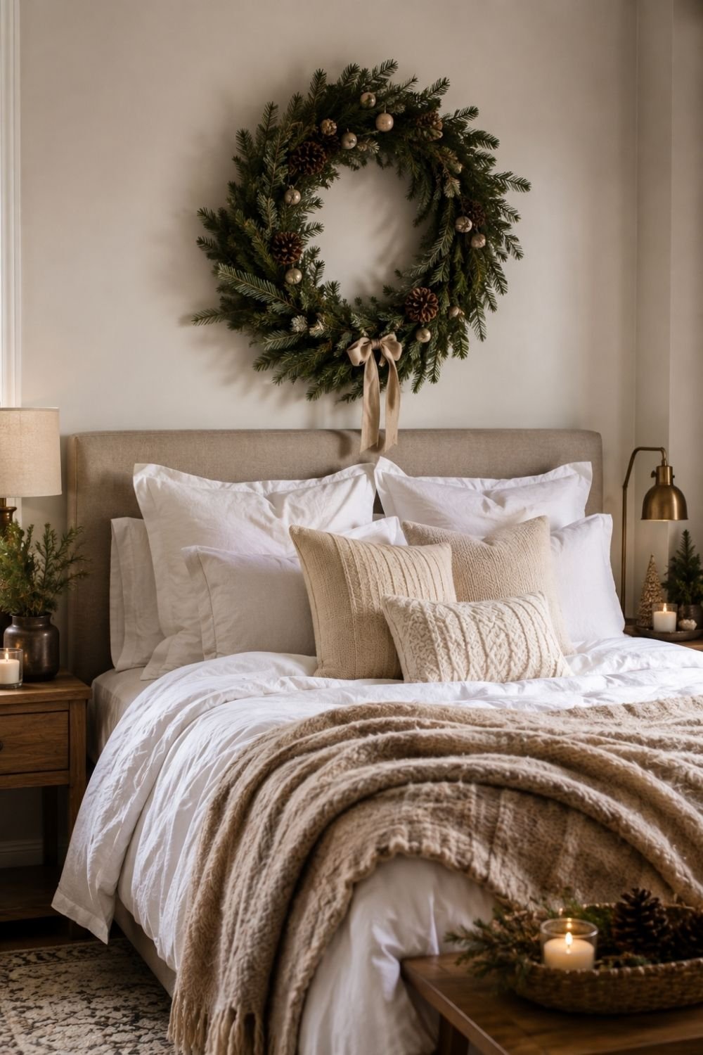 wreath above bed christmas bedroom decor idea