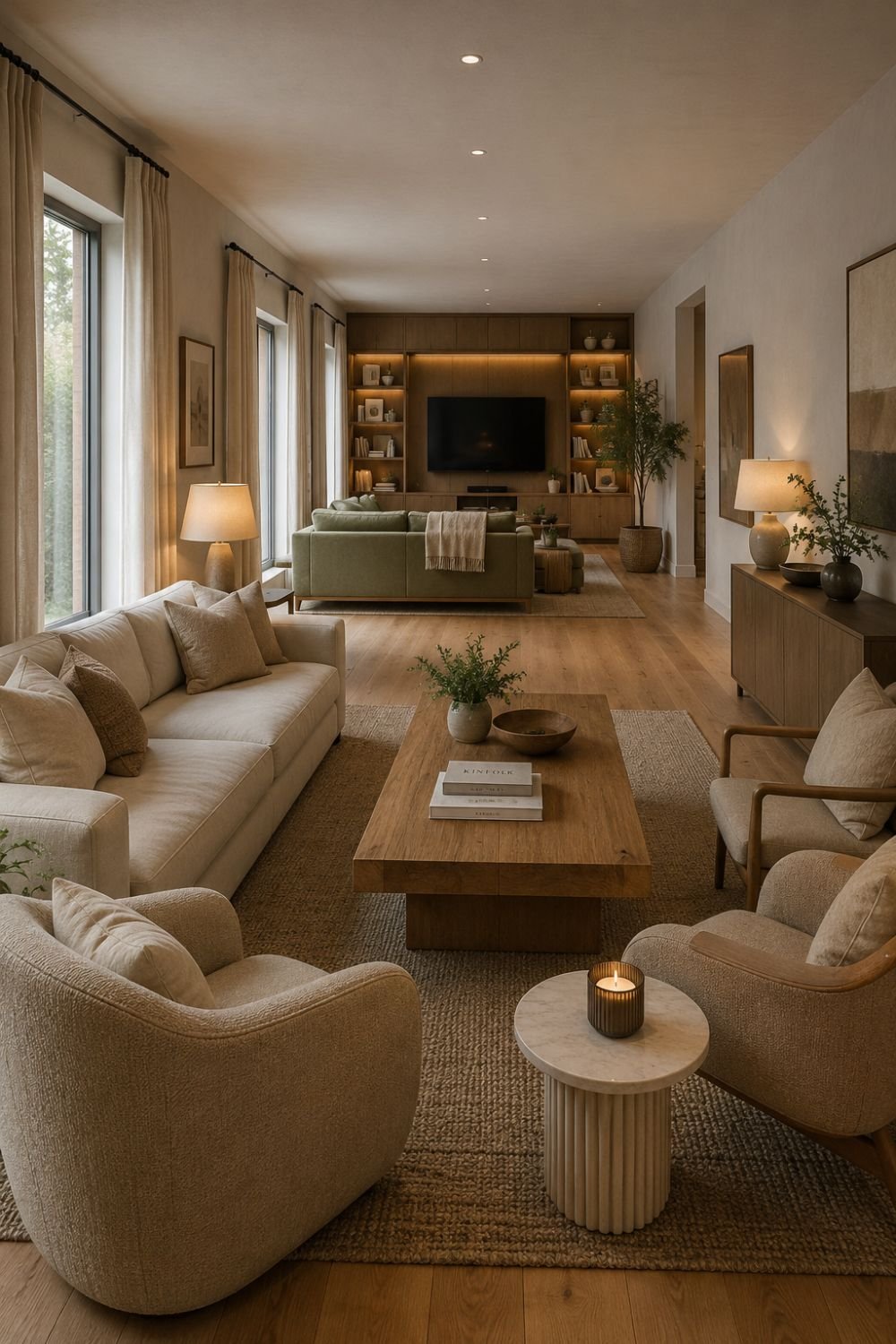  zoned narrow room living room layout idea