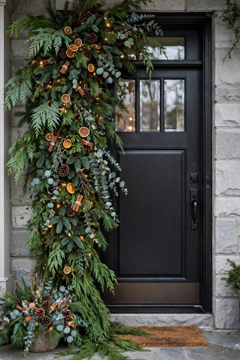Front porch christmas decor idea cascading greenery