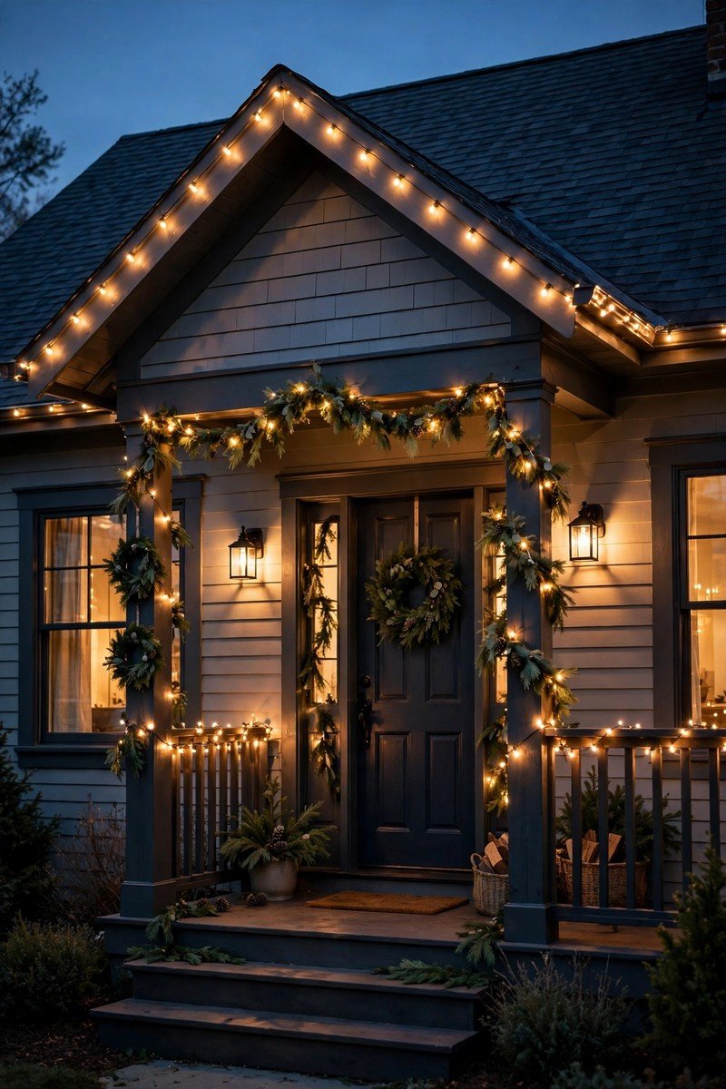 Front porch christmas decor idea string lights