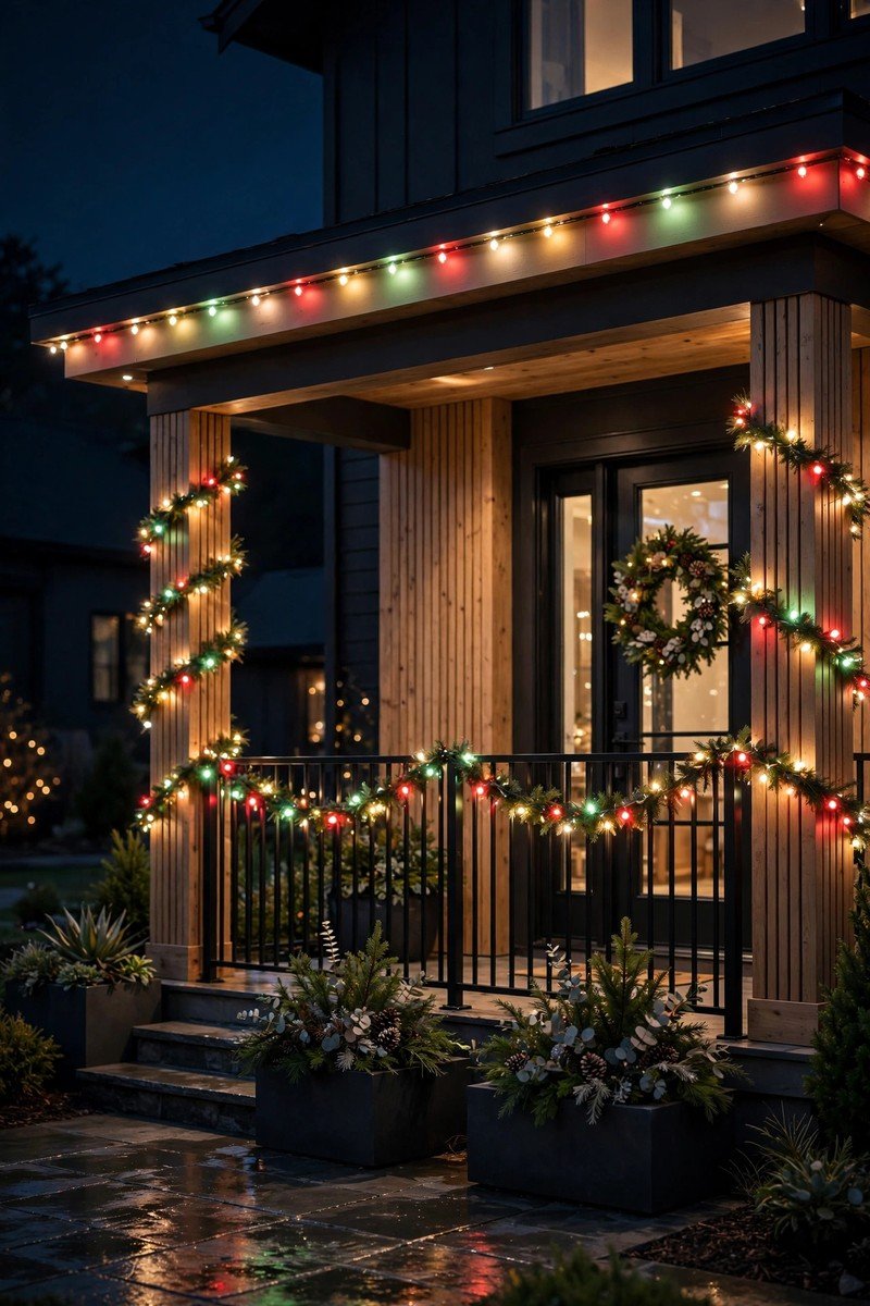 Front porch christmas decor idea string lights