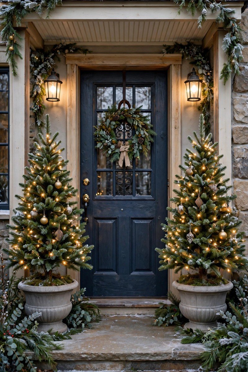 Front porch christmas decor idea mini trees