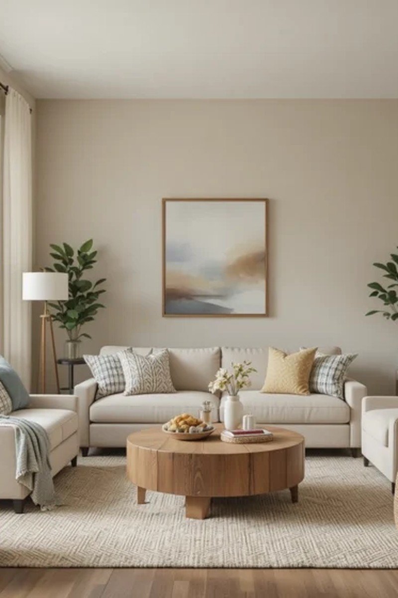 Small apartment decorating idea neutral anchor piece