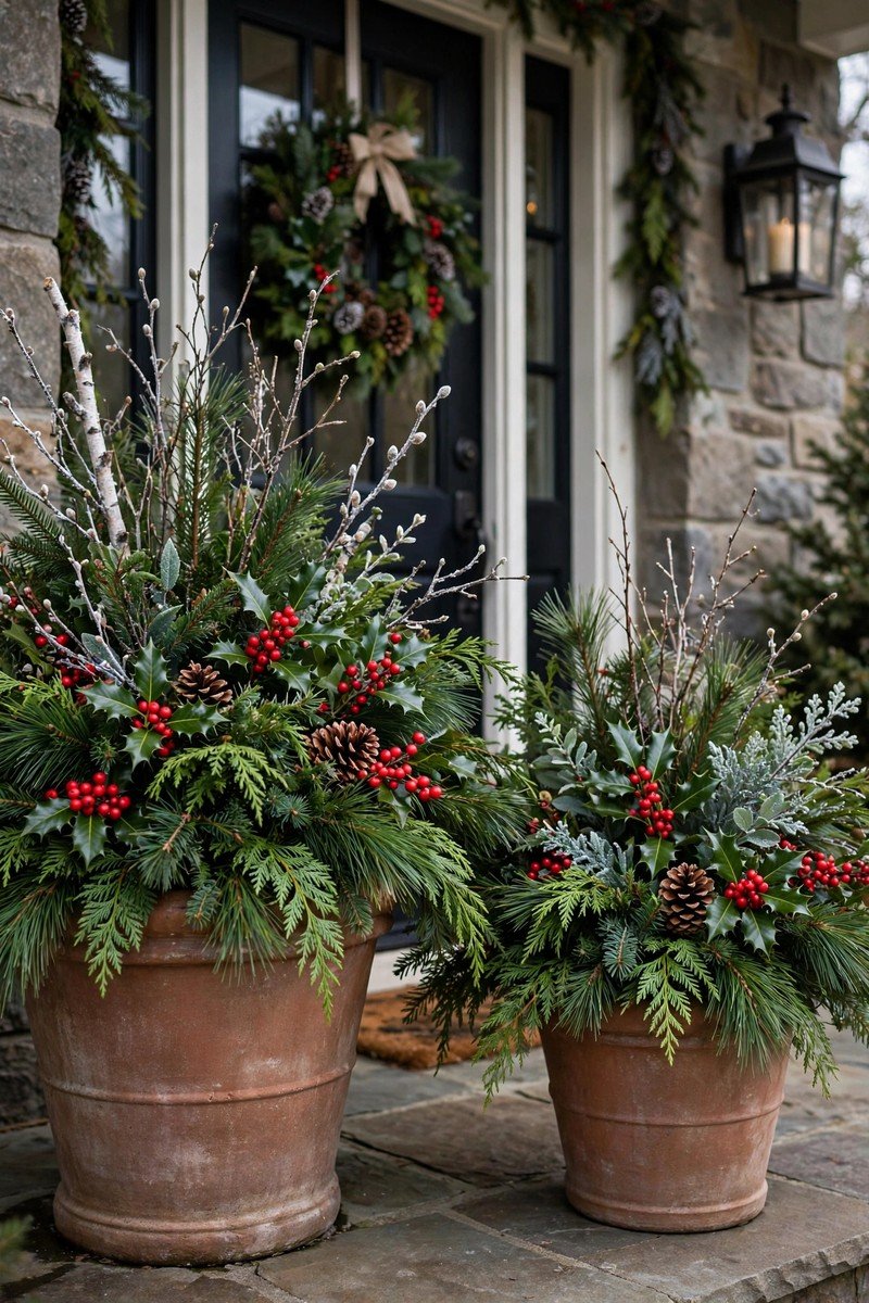 Front porch christmas decor idea festive planters