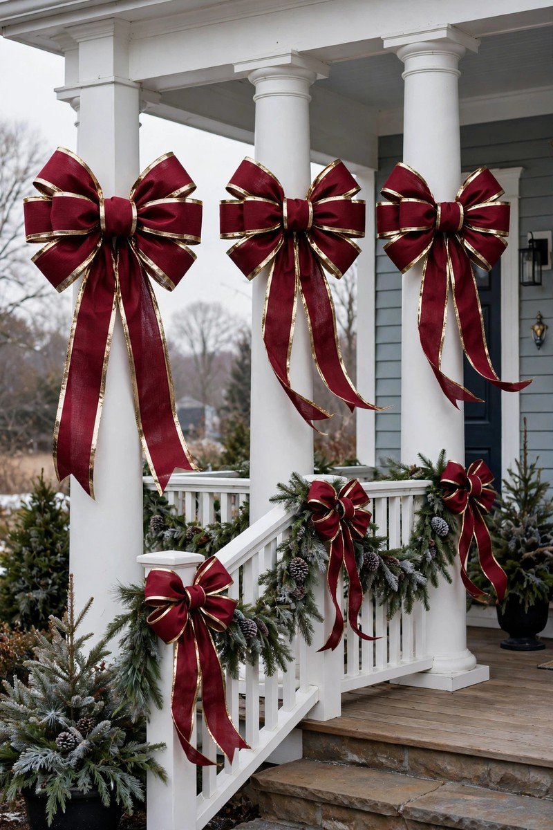 Front porch christmas decor idea ribbon bows