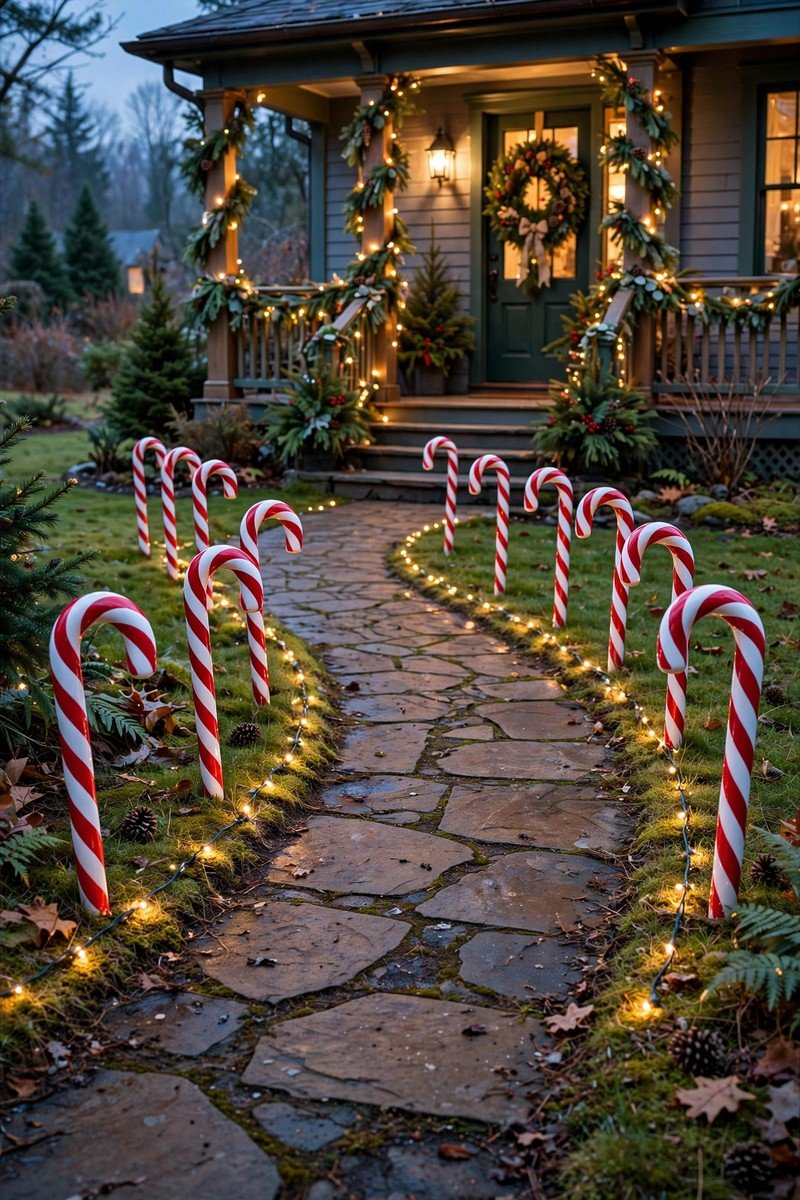 Front porch christmas decor idea candy cane pathway