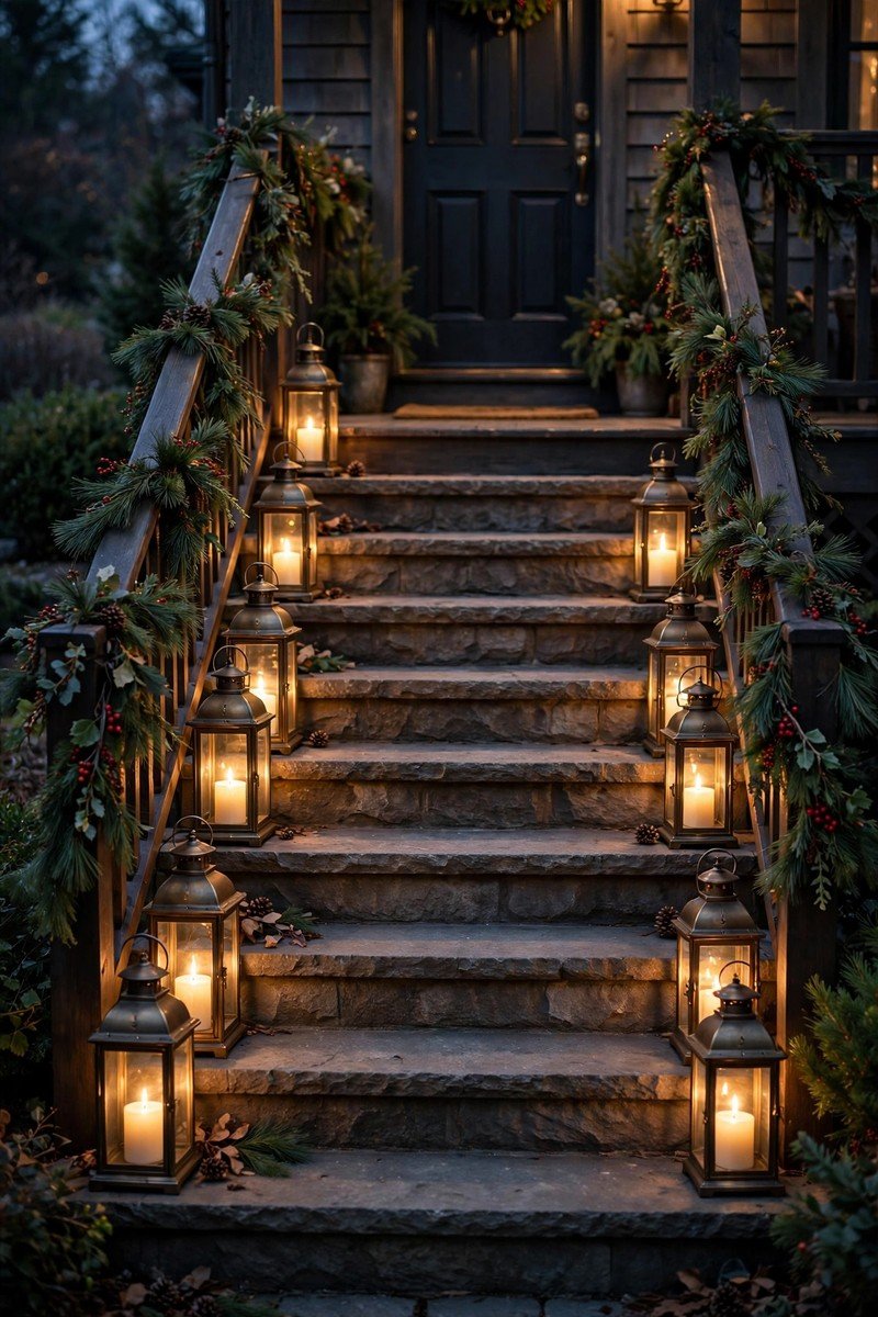 Front porch christmas decor idea lanterns on steps