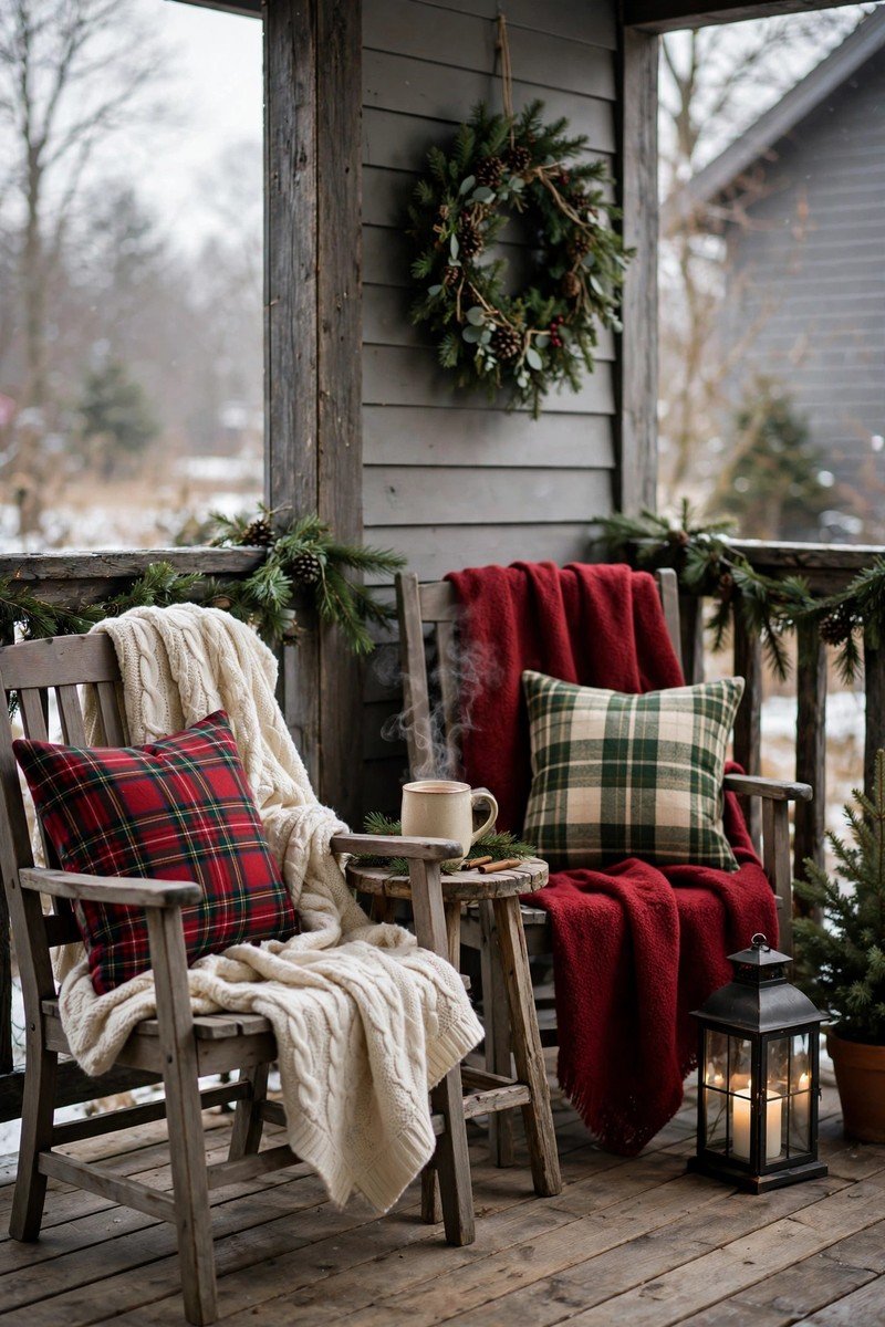 Front porch christmas decor idea plaid pillows