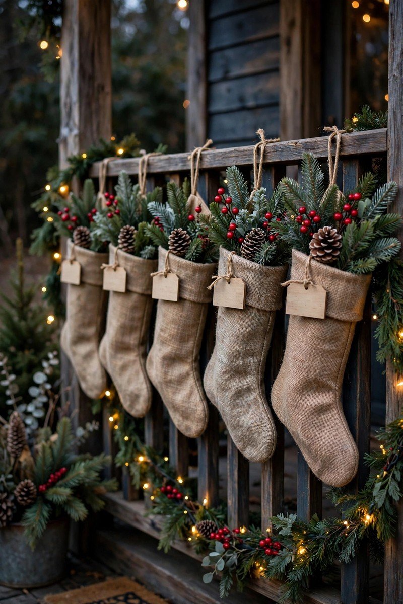 Front porch christmas decor idea railing stockings