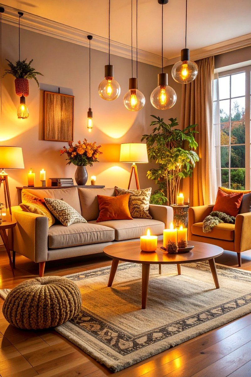 Small apartment decorating idea warm lighting