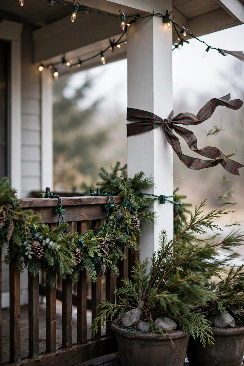 Front porch christmas decor idea securing decor