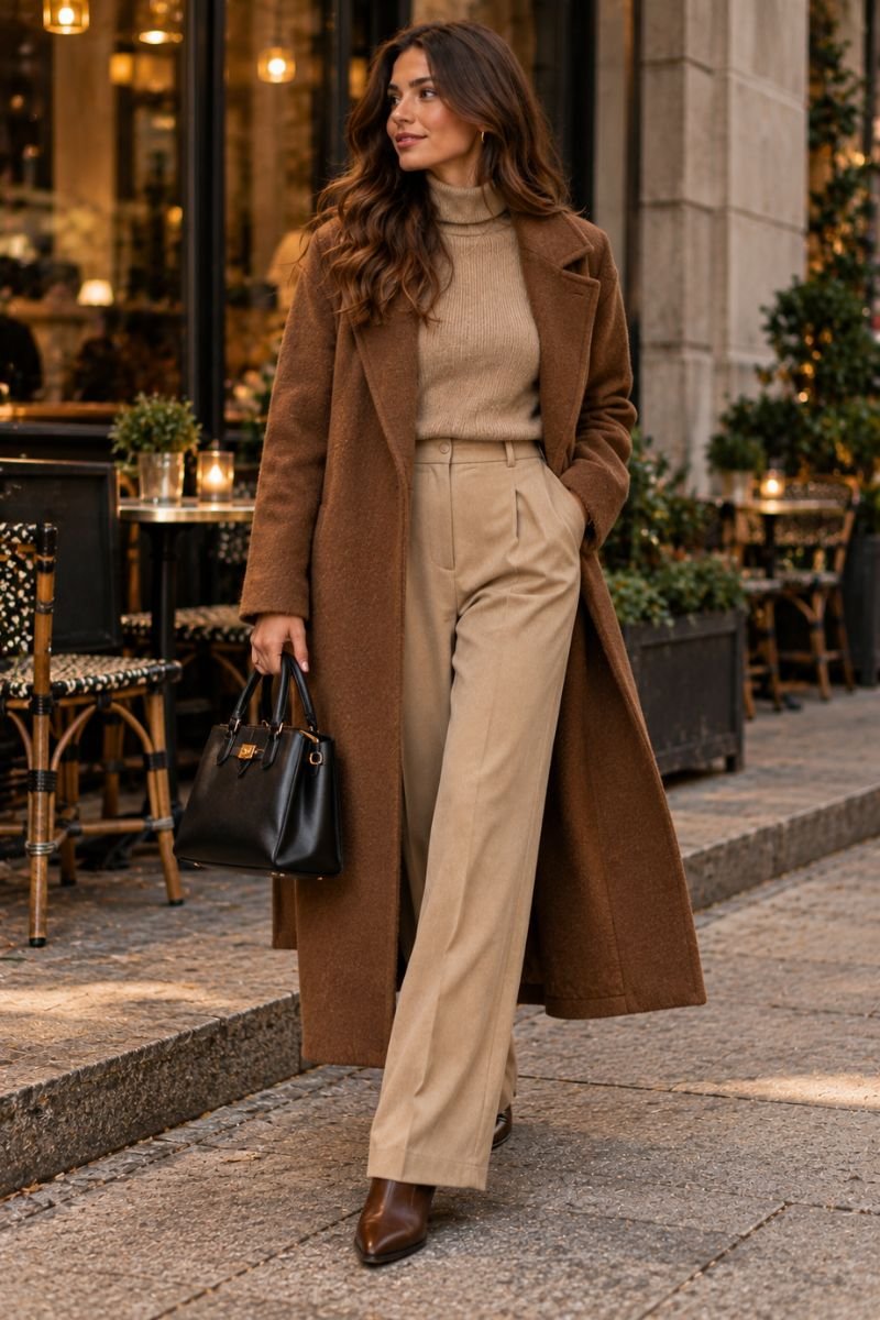 Beige and brown outfit idea black accessory