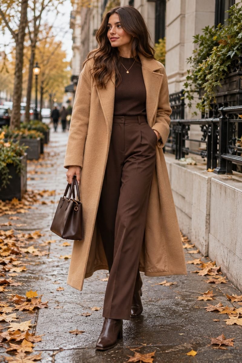 Beige and brown outfit idea camel coat