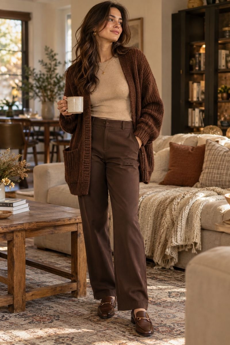 Beige and brown outfit idea cardigan layering