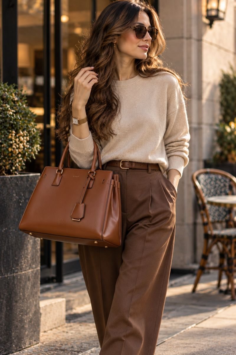 Beige and brown outfit idea cognac bag