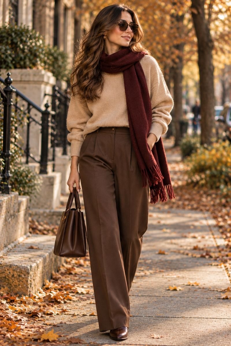 Beige and brown outfit idea color pop