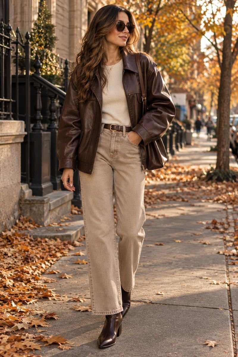 Beige and brown outfit idea leather jacket
