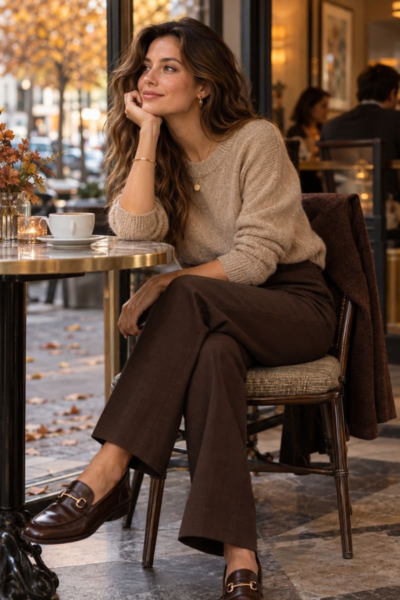 Beige and brown outfit idea sweater trousers