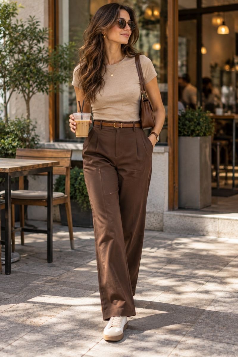Beige and brown outfit idea tee trousers casual