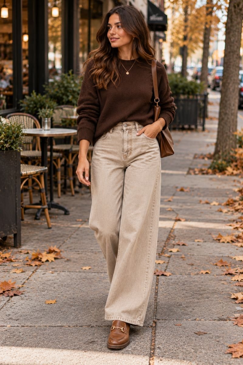 Beige and brown outfit idea wide leg jeans