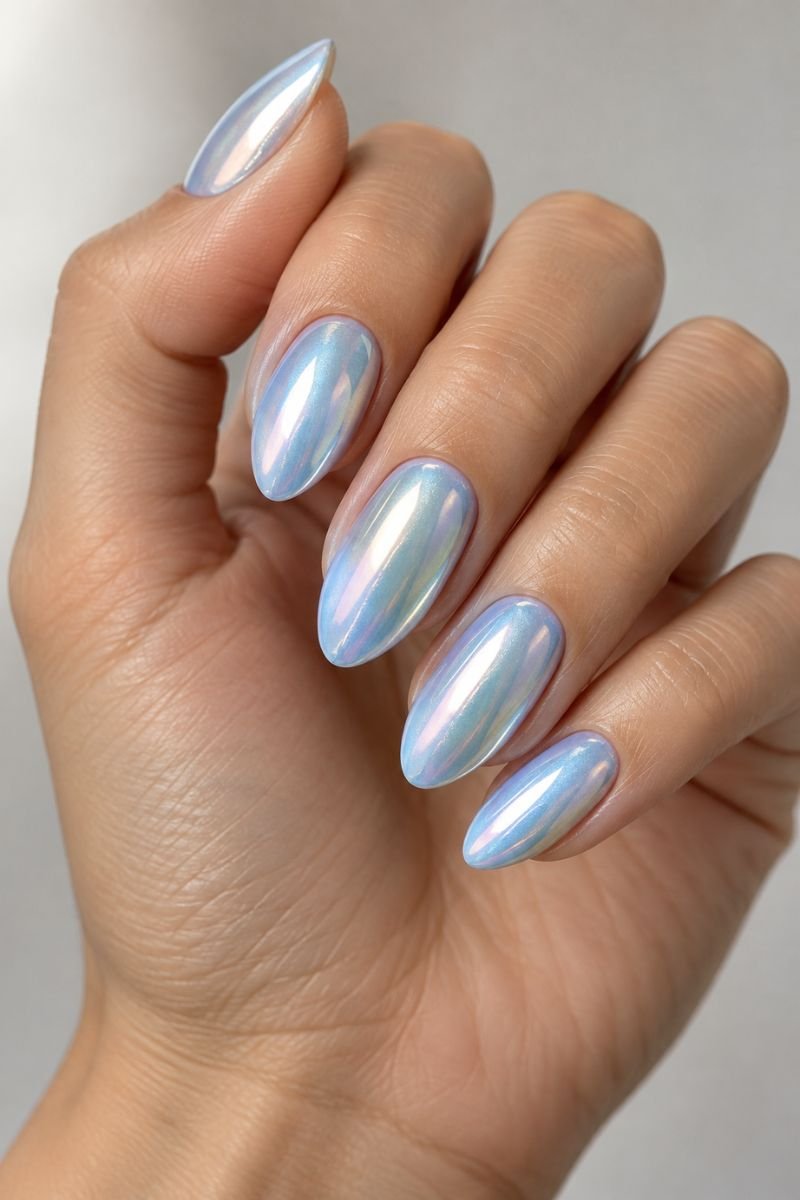 Blue nail designs idea chrome baby blue