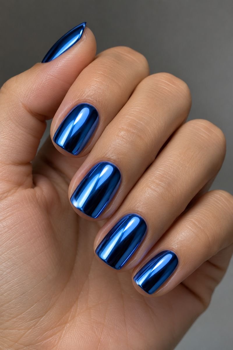 Blue nail designs idea mirrored finish