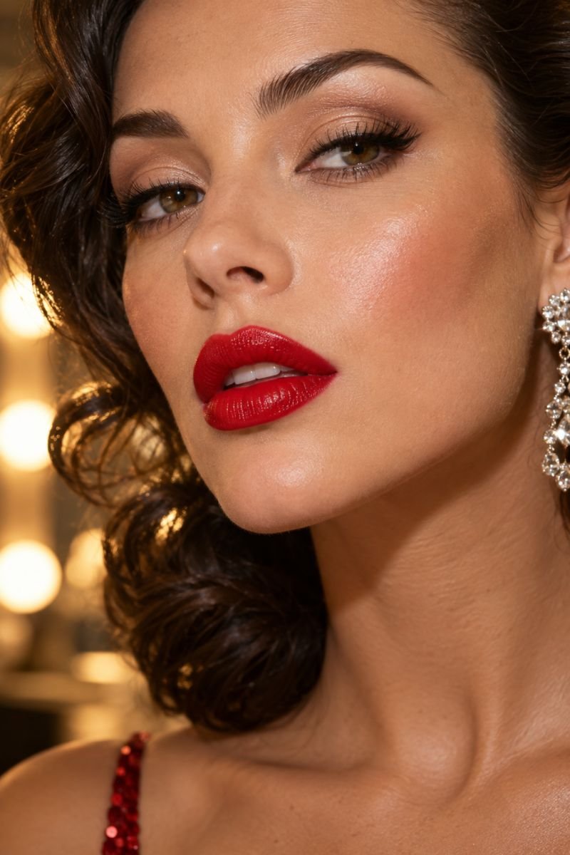 Bold red lip showgirl costume makeup