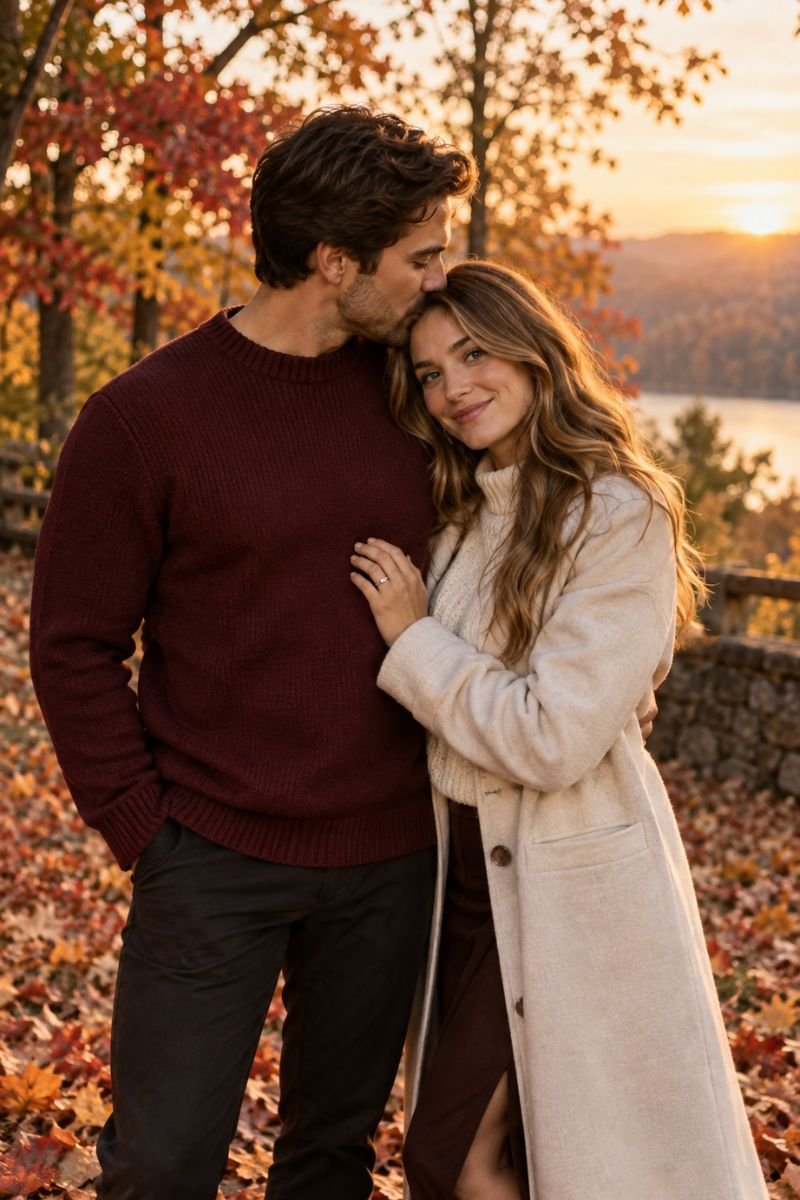 Burgundy cream fall couple outfits photo