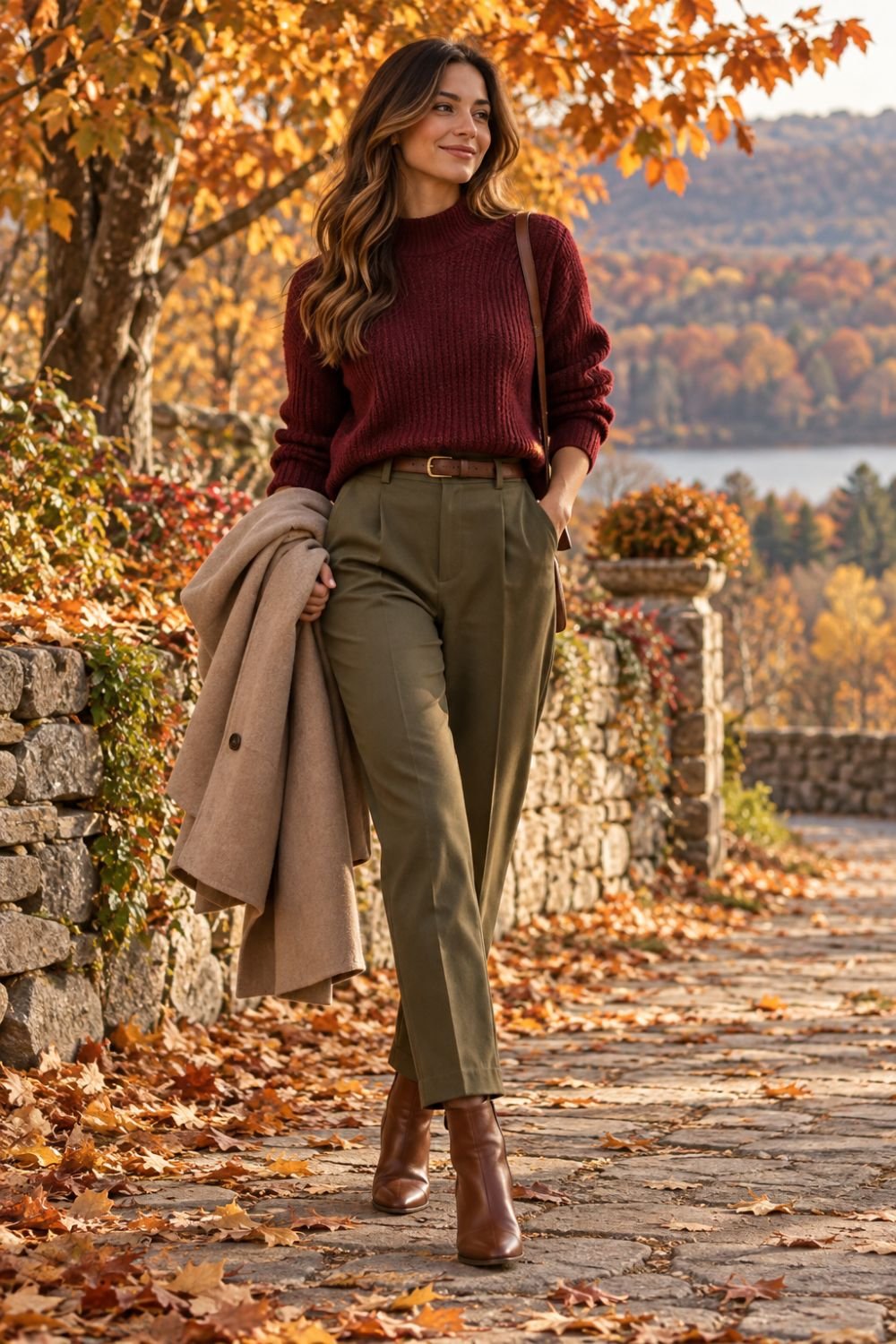 Burgundy olive autumn outfit idea
