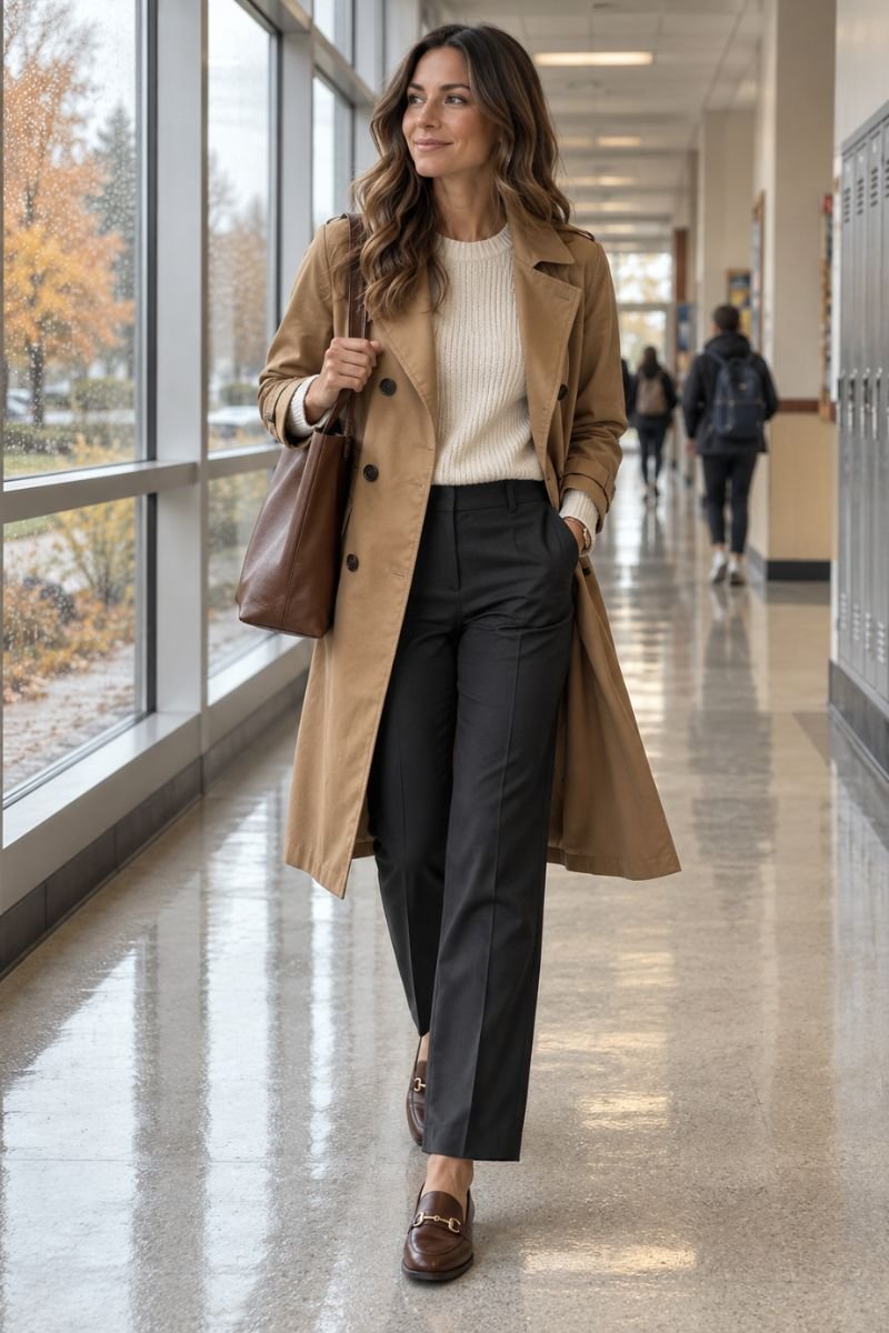 Camel trench coat fall teacher outfit