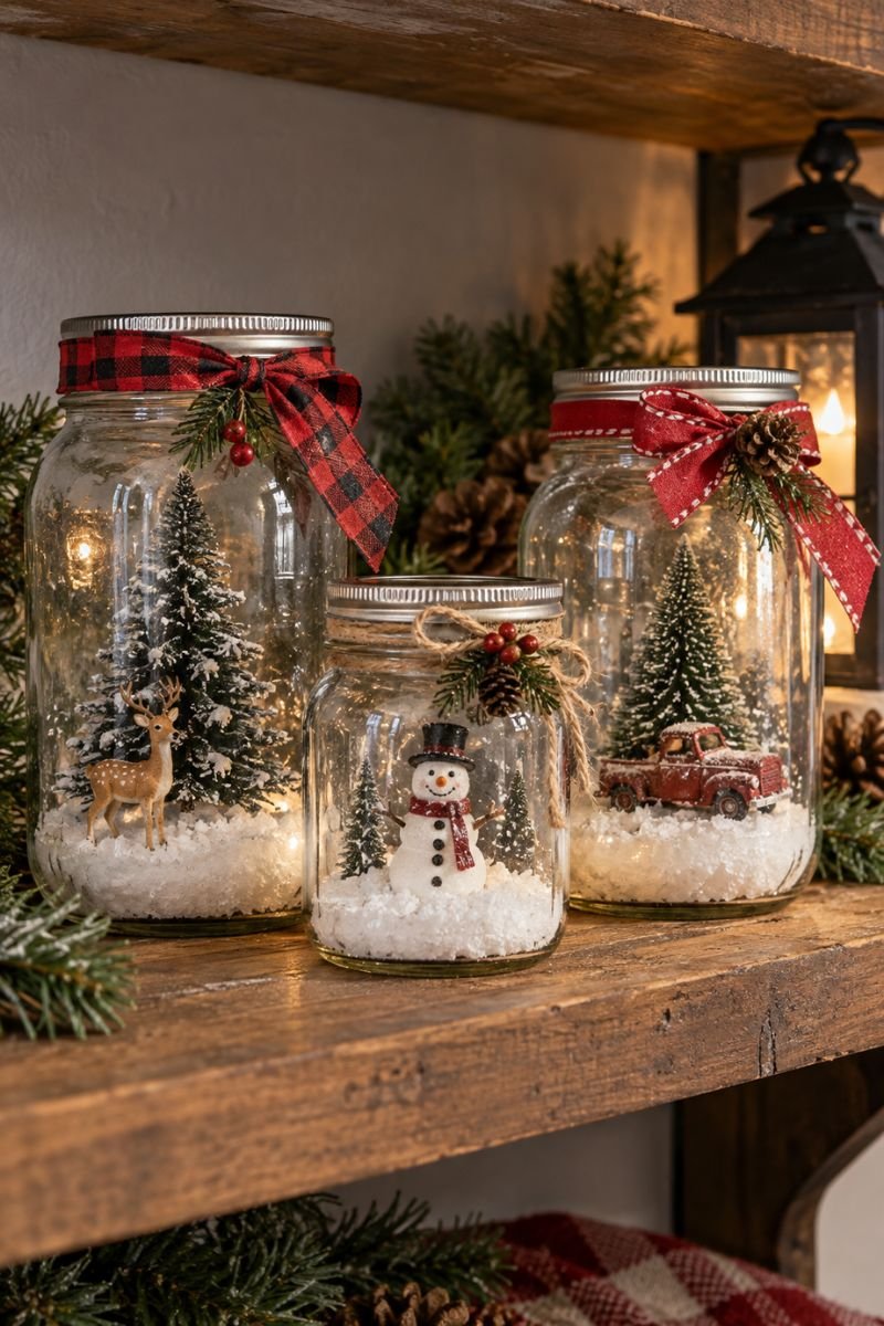 Cheap Christmas decor idea mason jar snow globe