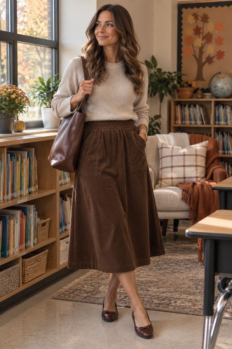 Corduroy midi skirt teacher outfit