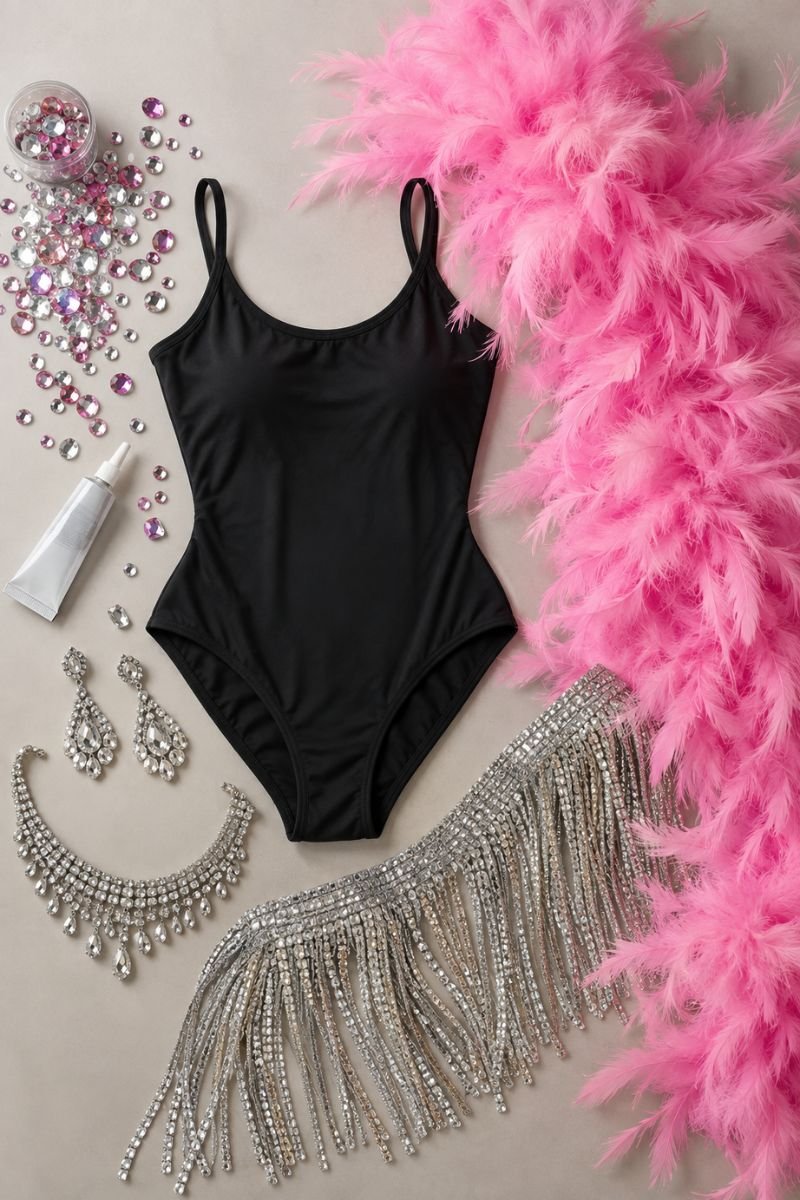 DIY budget showgirl costume flat lay