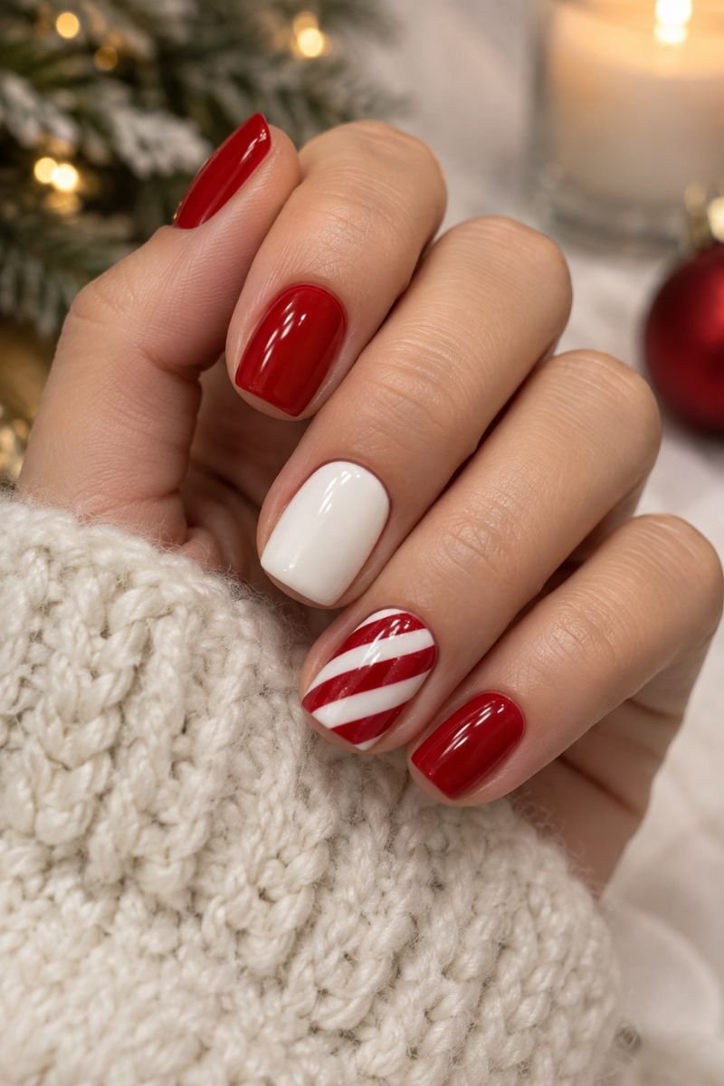 December nails idea candy cane stripe