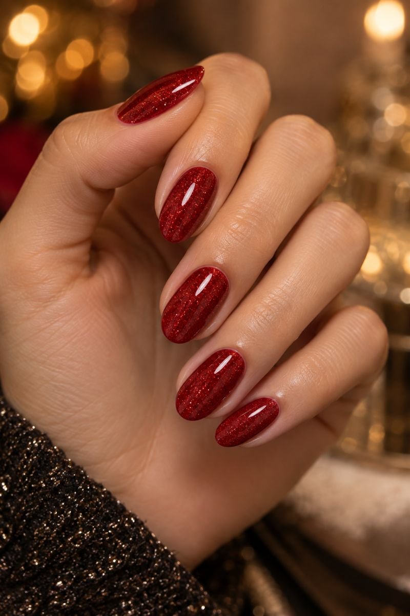 December nails idea classic red glitter