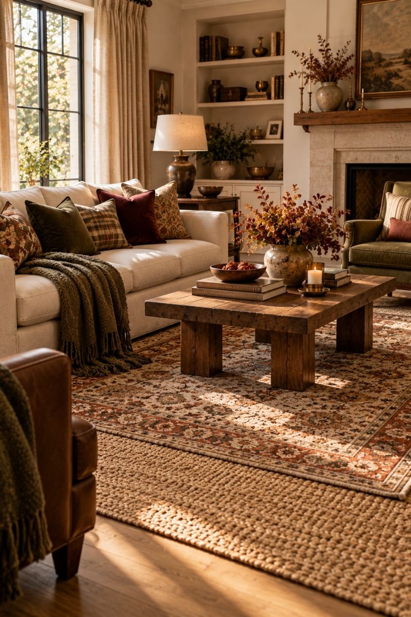 Fall room inspo idea layered rugs