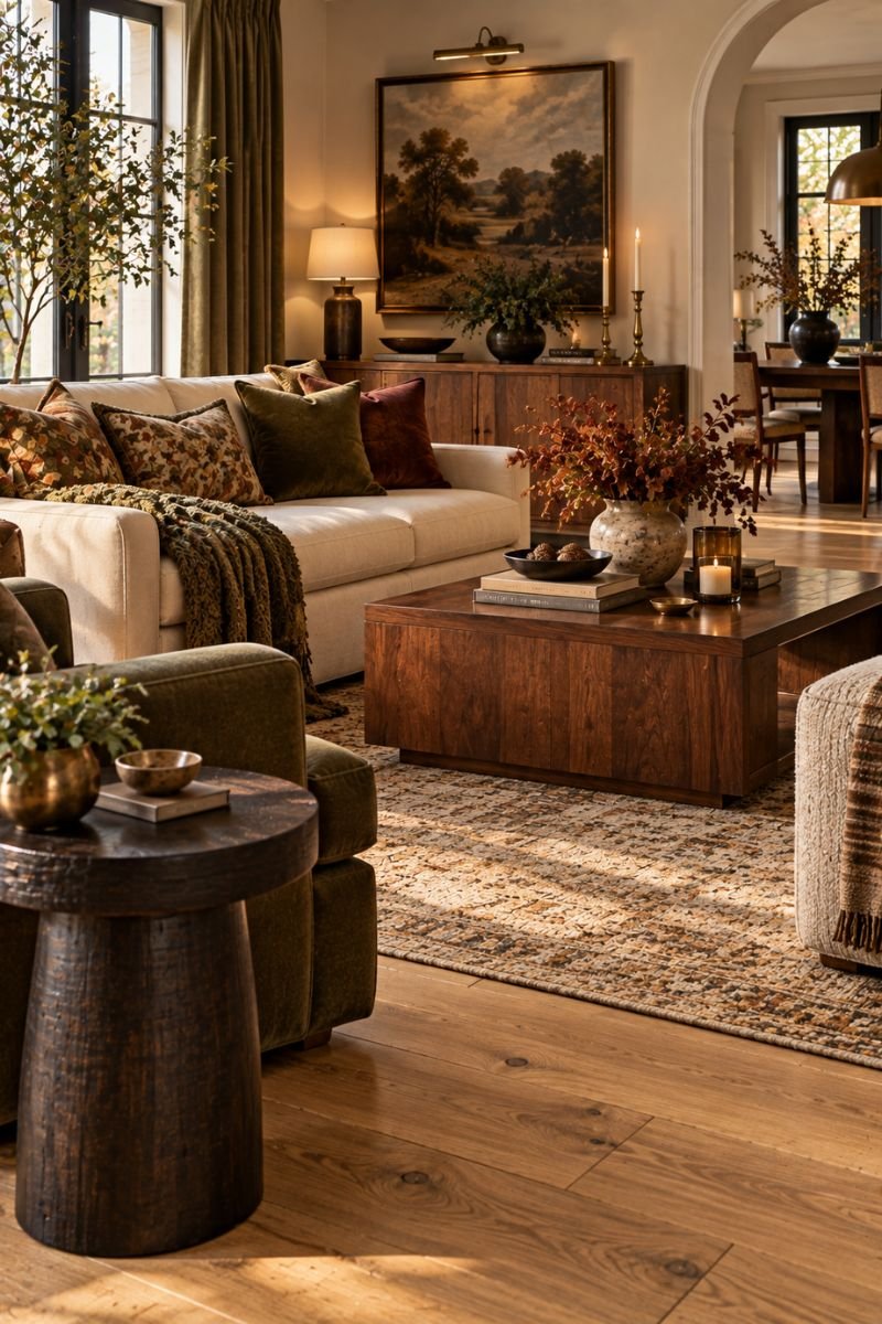 Fall room inspo idea mixed wood tones