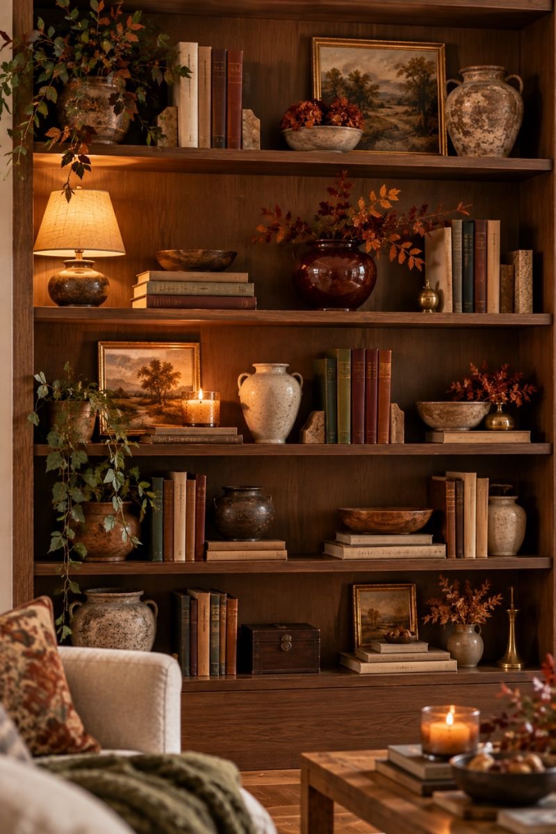 Fall room inspo idea styled bookshelf